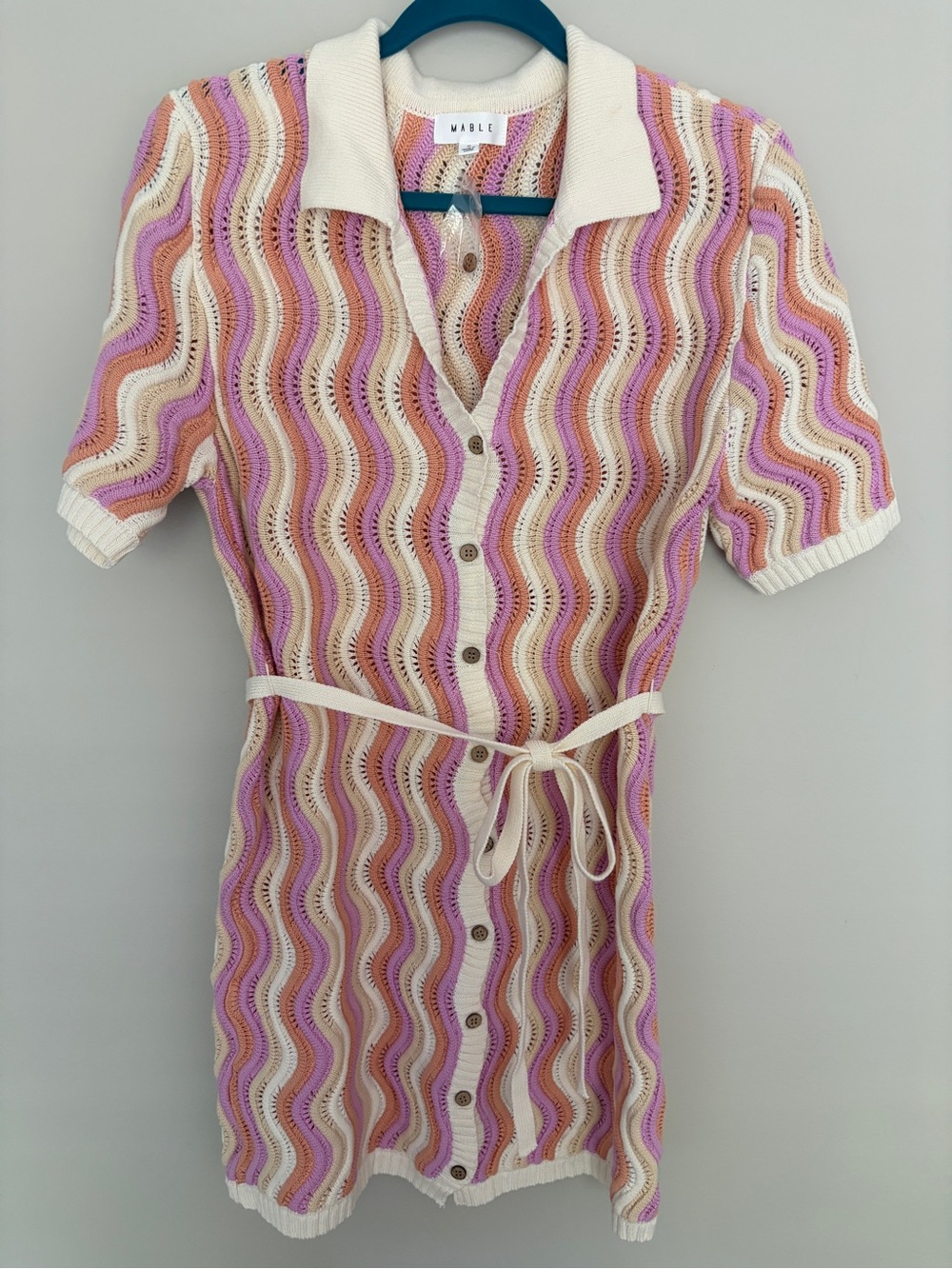 Mable Pink & Cream Knit Collared Mini Dress with Tie Belt
